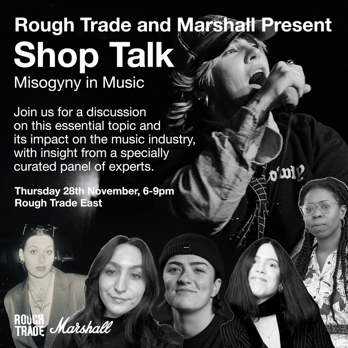 RoughTrade's tweet image. ROUGH TRADE &amp;amp; MARSHALL PRESENT: SHOP TALK

Join us this November at Rough Trade East for an evening focused on examining misogyny in music. 

Featuring a panel conversation with PEACH, @EmjayWaller, Meg Devereux, Annie Dorrett  (Lead Singer of @CLTDRP3), Isabelle Swift and…