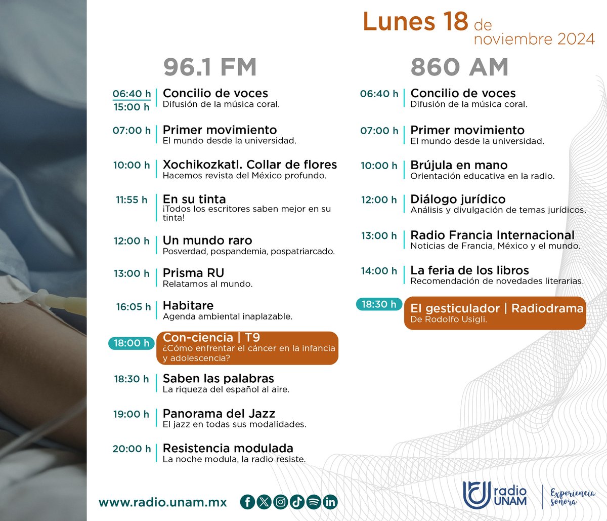 ¡#FelizLunes, #radionauta! 😁
Sintoniza nuestras frecuencias y descubre la riqueza del español 🗣️, entérate de la agenda ambiental inaplazable 🐝 y escucha "El gesticulador" 📻
¡Consulta los detalles! #HoyEnRadioUNAM 👇