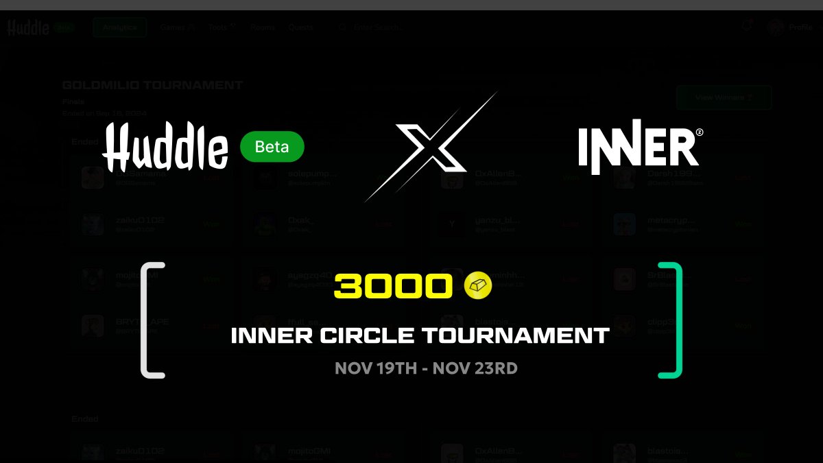 Huddle x Inner Circle 🤝

It’s that time again! We're hosting an invite-only tournament for the Inner Circle - <a href="/ZoraWeb3/">Zora</a>’s Blast Community.

16 <a href="/fantasy_top_/">fantasy.top</a> playing members will be hand-picked to compete!

🏅 Gold Prize: 3,000 
🏆 Points: 50,000 
💎 Rarities: Common + Rare 
⏱️