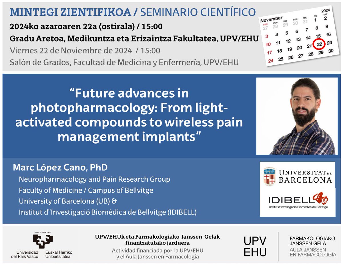 Neuropsychopharmacology (UPV/EHU) (@neuropsychophar) on Twitter photo 🔊¡Nuevo seminario científico! Este viernes 22 de noviembre nos visita el Dr Marc López Cano, de la Universidad de Barcelona UB <a href="/idibell_cat/">IDIBELL</a> para hablarnos de fotofarmacología y dolor🧠💊 #AulaJanssenFarmacologia @CIBER_SAM <a href="/biobizkaia/">IIS Biobizkaia</a> <a href="/IkerketaZabalik/">EHU Ikerketa Zabalik</a> 🔊¡Nuevo seminario científico! Este viernes 22 de noviembre nos visita el Dr Marc López Cano, de la Universidad de Barcelona UB <a href="/idibell_cat/">IDIBELL</a> para hablarnos de fotofarmacología y dolor🧠💊 #AulaJanssenFarmacologia @CIBER_SAM <a href="/biobizkaia/">IIS Biobizkaia</a> <a href="/IkerketaZabalik/">EHU Ikerketa Zabalik</a>