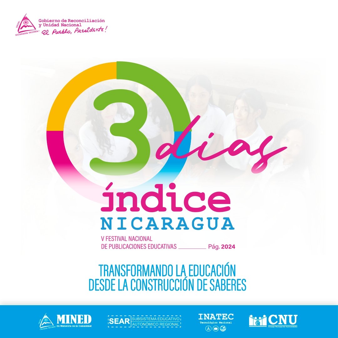 ¡Ya estamos a 3 días para iniciar el V Festival Nacional de Publicaciones Educativas, Índice Nicaragua, pág. 2024!  📚✍🏾

¡Únete a nosotros! 🔴🟢🟡

#Índice2024
#BendicionesyVictorias