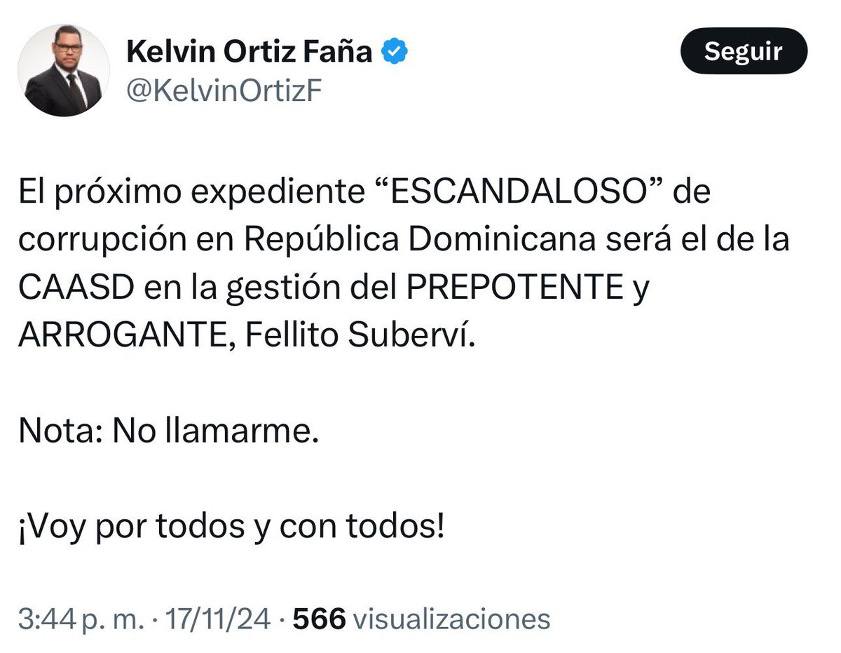 DeyaniraGomezH's tweet photo. ¡En fin! ¡Buenazos días, #RD! 

Lunes de corruptos favoritos del Gobierno @luisabinader - #PRM. 

Hoy es el turno de @FellitoSubervi, a quien el CEO de @ElPregoneroRD le advierte: “¡No llamarme! ¡Voy por todos y con todos!” ¡Ay, tú! ¿Qué hizo ese “santo” ahora? 🫢 https://t.co/yVIS7iC1O2