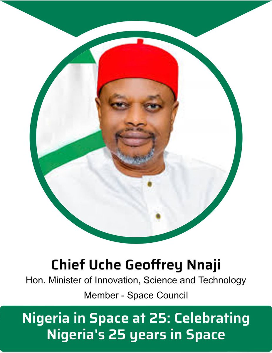 CSSTE (@csste3) on Twitter photo The Honourable Minister of Innovation, Science and Technology, Chief Uche Geoffrey Nnaji requests the pleasure of your company
Join us as we commemorate 25 remarkable years of Nigeria's presence in space! #SpaceExploration #Space #Major <a href="/NASRDA/">NASRDA</a> <a href="/NASRDA_Official/">National Space Research and Development Agency</a> <a href="/Nasrdacbss/">NASRDA Centre For Basic Space Science</a> The Honourable Minister of Innovation, Science and Technology, Chief Uche Geoffrey Nnaji requests the pleasure of your company
Join us as we commemorate 25 remarkable years of Nigeria's presence in space! #SpaceExploration #Space #Major <a href="/NASRDA/">NASRDA</a> <a href="/NASRDA_Official/">National Space Research and Development Agency</a> <a href="/Nasrdacbss/">NASRDA Centre For Basic Space Science</a>
