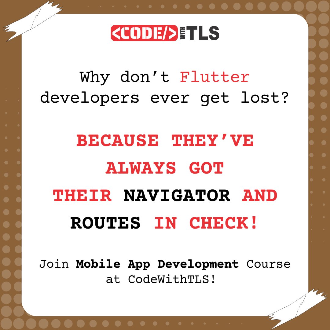 codewithtls's tweet image. &quot;Navigate your way to success! Learn Flutter &amp;amp; Dart with @codewithtls  Mobile Development Course! 

Call us +91 8527866980  
codewithtls.com
 
#Flutter #Dart #MobileAppDevelopment #LearnToCode #FlutterDevelopment #CodingLife #ProgrammersLife #AppDevelopment