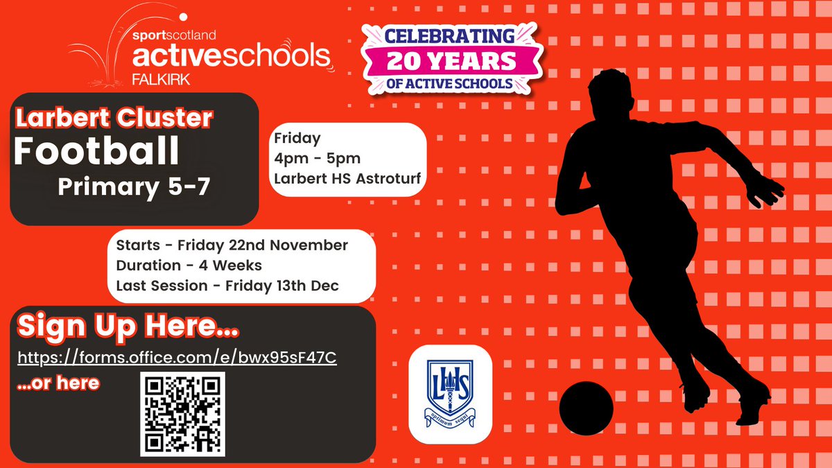 Andrew - Active Schools (@asc_andrew1) on Twitter photo P5-7 Larbert Cluster Football Club ⚽️
Get signed up for our new cluster football club taking place at <a href="/Larbert_Sport/">LHS Sport 🏏🎾⚾🏀⚽</a>!
Small sided games, fun challenges & a chance to meet pupils from other schools.
Sign Up Here - forms.office.com/e/bwx95sF47C P5-7 Larbert Cluster Football Club ⚽️
Get signed up for our new cluster football club taking place at <a href="/Larbert_Sport/">LHS Sport 🏏🎾⚾🏀⚽</a>!
Small sided games, fun challenges & a chance to meet pupils from other schools.
Sign Up Here - forms.office.com/e/bwx95sF47C