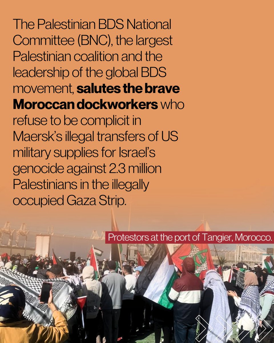 BDSmovement's tweet photo. We salute the brave Moroccan dockworkers who refuse to be complicit in @Maersk's illegal transfers of US military supplies for Israel’s Gaza genocide against 2.3 million Palestinians. https://t.co/BxAZY4hIAO
