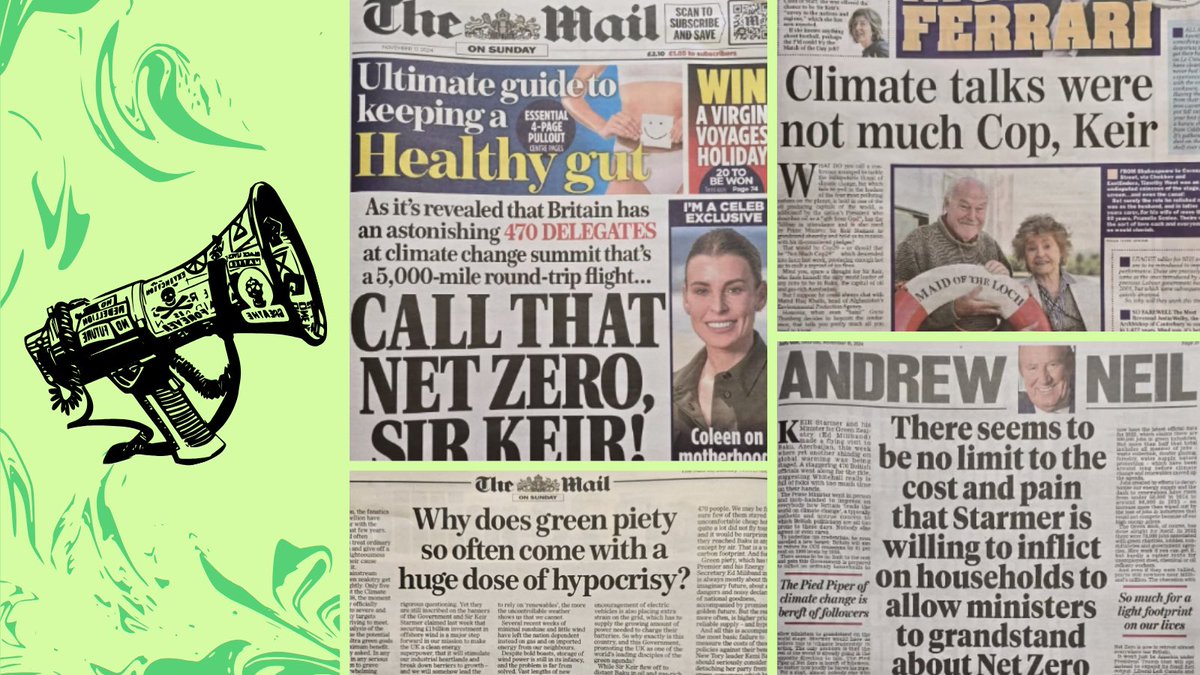 XRebellionUK's tweet photo. 🚨 Our media is doubling down on climate denial

They’re pouring misinformation into people’s ears 24/7 x 365 attacking #NetZero, dismissing green policies as “hypocrisy” &amp; undermining #ClimateAction

This is no accident…
(⬇️ Headlines from this weekend alone!) https://t.co/tfMty7PV0v