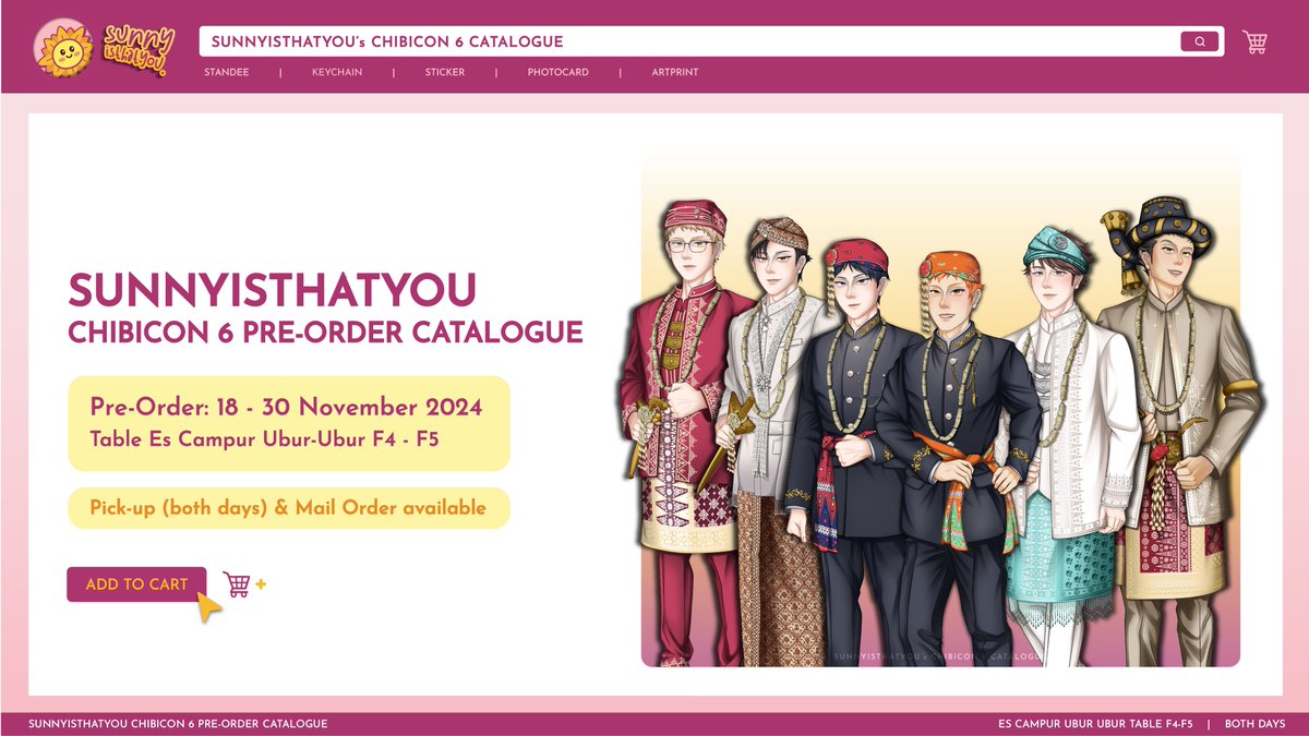 [ 🔁 &amp; 💖 appreciated ]

Finally 😣 Sunnyisthatyou Chibicon 6 PO &amp; Catalog is here! 💛✨

🌻 PO: 18 - 30 November 2024
🌻 Booth: Es Campur Ubur-Ubur F4-F5
🚚 Mail Order &amp; Pick-up (both days)
📝 bit.ly/Sunnyisthatyou…
🌻 Haikyuu!! 🏐

#chibicon #chibicon6 #chibiconcatalogue