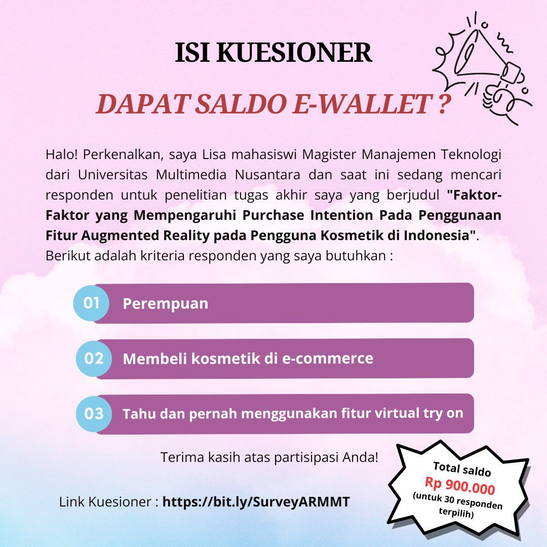 collegemfs's tweet image. Gais barter kuesioner yuk, aku butuh byk responden nih.
Ada hadiah e-wallet juga buat 30 responden!
bit.ly/SurveyARMMT