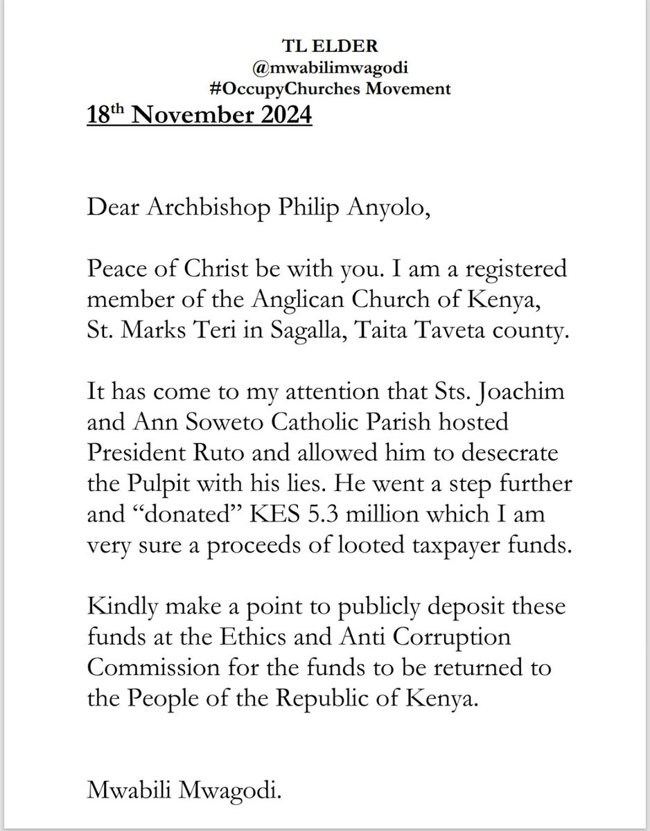 mwabilimwagodi's tweet photo. I have written to Archbishop Philip Anyolo to demand that the KES 5.3 million looted funds be returned to the rightful owners. Catholic faithfuls please assist. https://t.co/y7JfIOKW9L