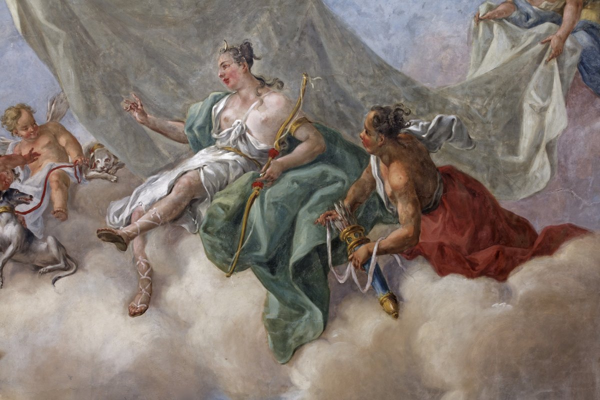It's #MuralsMonday. Corpus #deckenmalerei, #OrgulloBarroco.
Mühlberg/Elbe, Martinskirchen Manor, (so-called Martinskirchen Palace), marble hall, ceiling.
Stefani Torelli: Diana prepares for the hunt with her nymphs (after 1754).
deckenmalerei.eu/db171c80-6713-…