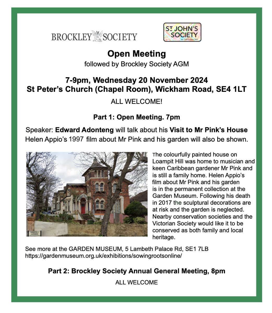 Brockley Society (@broc_soc) on Twitter photo Free talk: 'A visit to Mr Pink's House' by Edward Adonteng of the Garden Museum. Followed by the Brockley Scocety AGM. 7 - 9pm Weds Nov 20th, St Peter's Church, Wickham Rd SE4 1LT. #SE4 #SE8 <a href="/stjohnsse8/">@StJohnsSE8</a> Free talk: 'A visit to Mr Pink's House' by Edward Adonteng of the Garden Museum. Followed by the Brockley Scocety AGM. 7 - 9pm Weds Nov 20th, St Peter's Church, Wickham Rd SE4 1LT. #SE4 #SE8 <a href="/stjohnsse8/">@StJohnsSE8</a>