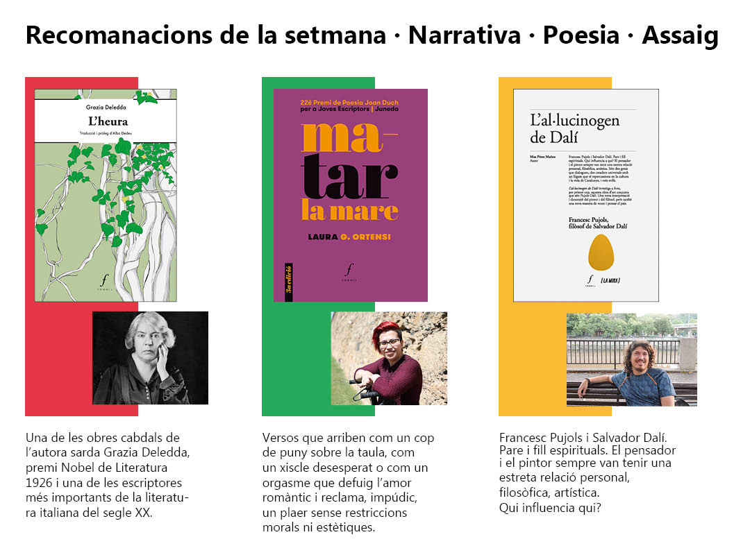 RECOMANACIONS DE LA SETMANA!
Dos escriptores que ens proposen des d'angles ben diferents, la seva visió de la vida en clau de dona: Grazia Deledda i Laura G. Ortensi. Acompanyades de Francesc Pujols i Salvador Dalí,  la porta a una amistat creativa inexorable.