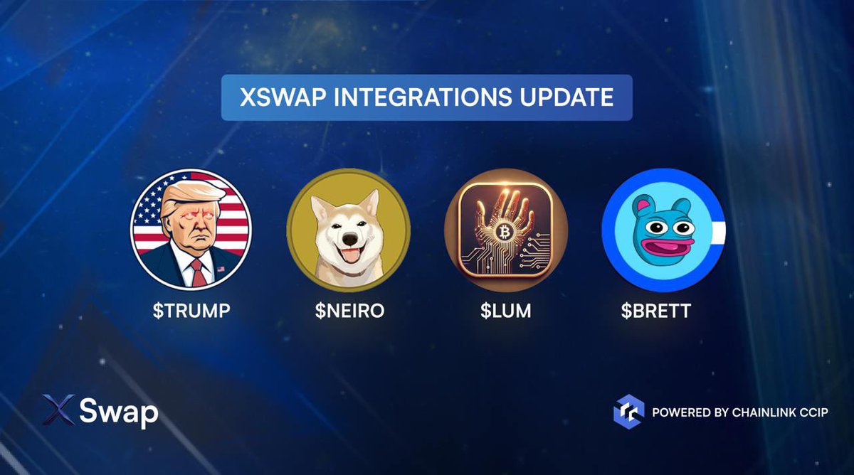 XSwap Integration Update 💥

XSwap is going strong in the memecoin space! To provide you access to the hottest gems, we’ve listed some on our platform:

🔹 $TRUMP — <a href="/MAGAMemecoin/">MAGA Memecoin</a>
🔹 $BRETT — <a href="/BasedBrett/">Brett</a>
🔹 $LUM — <a href="/luminousbase/">luminous $LUM</a>
🔹 $NEIRO — <a href="/NeiroOnEthereum/">Neiro On Ethereum</a>

Swap here: