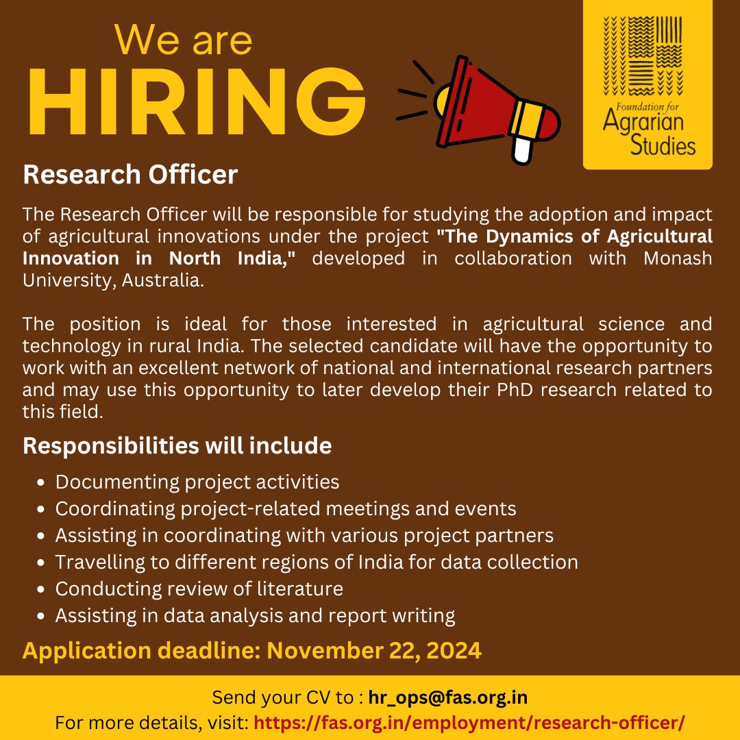 fasagristudies's tweet photo. 📢WE'RE HIRING📢
FAS is looking to immediately hire a Research Officer to work out of its Bengaluru office.

The employment duration is two years (extendable by one year based on performance).

Apply by November 22, 2024.

For more details:
https://t.co/ZksLybLkni https://t.co/qX9YtVq5Kt