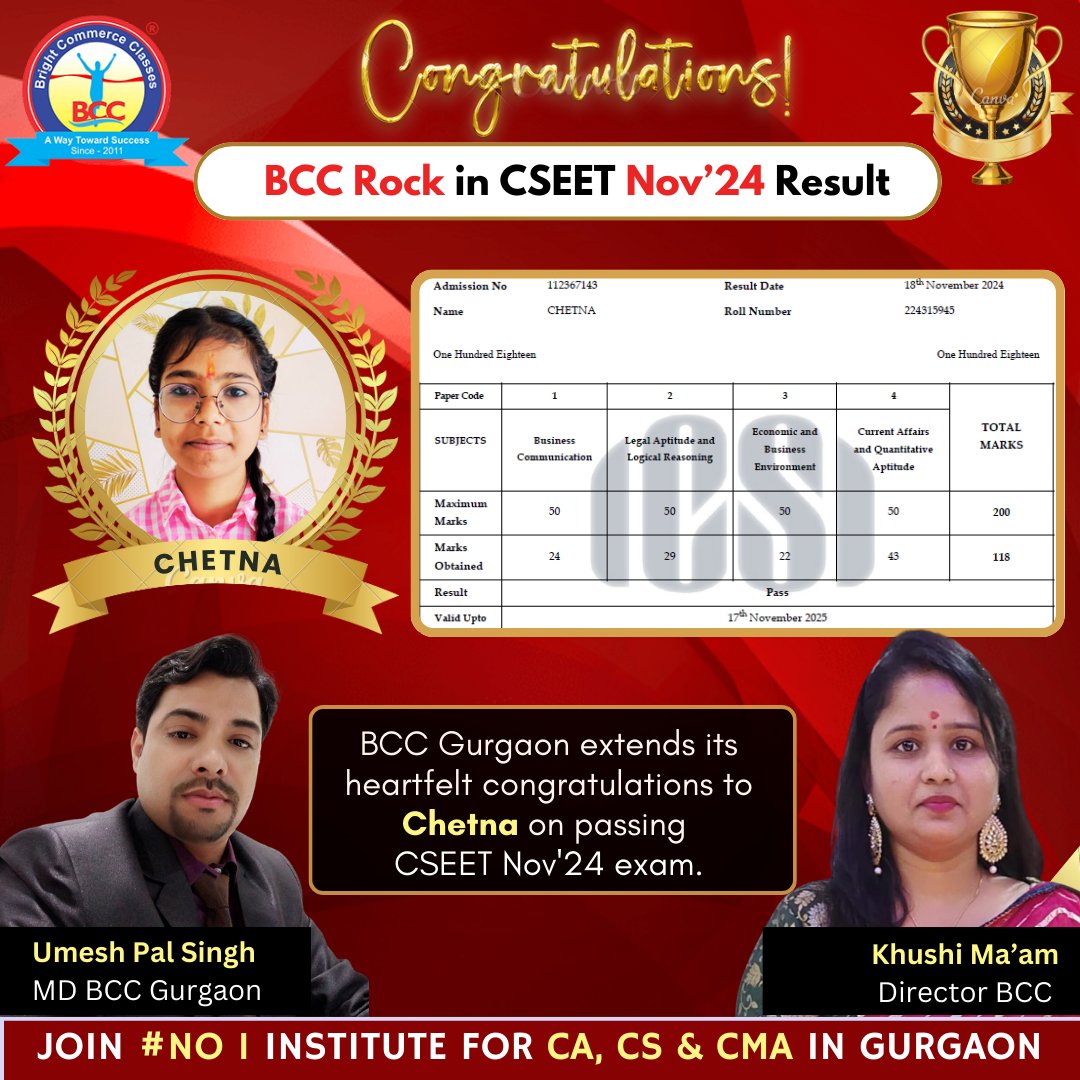 Bccgurgaon's tweet image. BCC Rock 2024 - Highest Result in CSEET in Gurgaon

#CSEET2024 #ExamGuidelines #PreparationIsKey #CSEET #cseetcoachingingurgaon #cseetinstitutenearme #Cseetpreparation #cseetentrencetest #bccgurgaon #bestcommerceclasses
#CSEETcoachingingurgaon #cseetclasses #cseetacademy