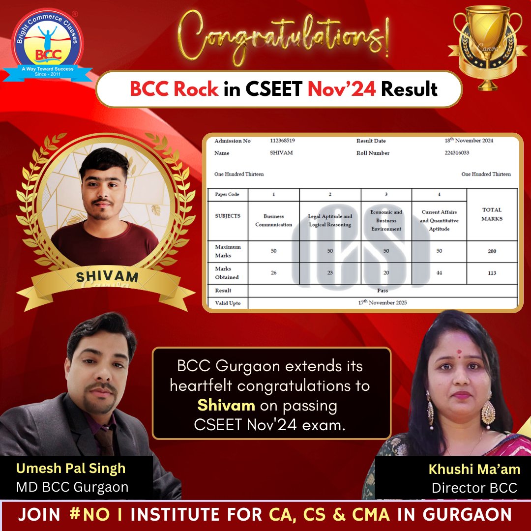 Bccgurgaon's tweet image. BCC Rock 2024 - Highest Result in CSEET in Gurgaon

#CSEET2024 #ExamGuidelines #PreparationIsKey #CSEET #cseetcoachingingurgaon #cseetinstitutenearme #Cseetpreparation #cseetentrencetest #bccgurgaon #bestcommerceclasses
#CSEETcoachingingurgaon #cseetclasses #cseetacademy