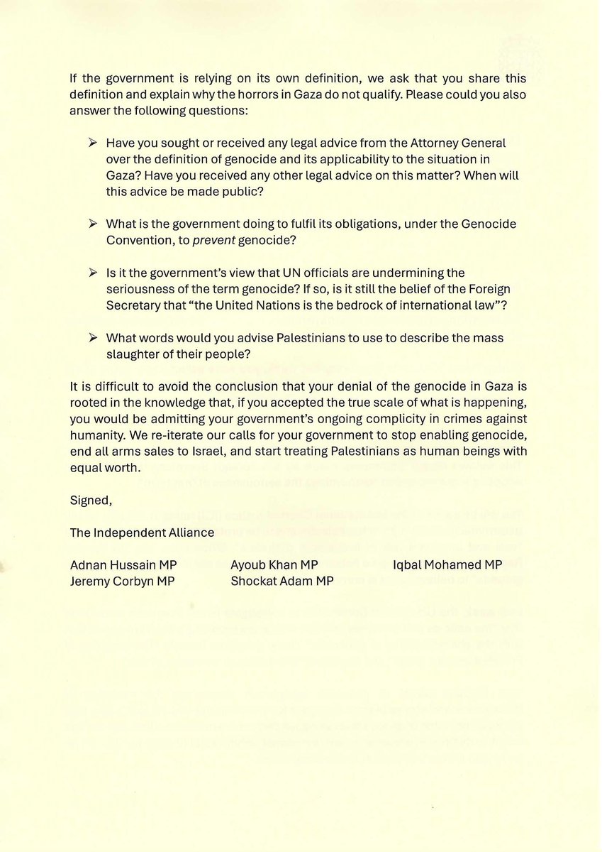 Has the Prime Minister received any legal advice over the definition of genocide?

A letter from the Independent Alliance, following Keir Starmer's refusal to recognise the genocide in Gaza.
