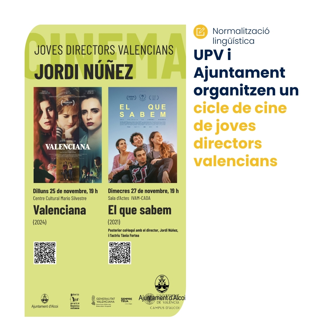 📽️ Es projectaran dos pel·lícules del jove director valencià Jordi Núñez: El que sabem i Valenciana

🏣  Les projeccions tindran lloc al  Centre Cultural Mario Silvestre i a l’IVAM-CADA, respectivament, a les  19 hores els dies 25 i 27 de novembre

🔗 alcoi.org/ca/portal/noti…