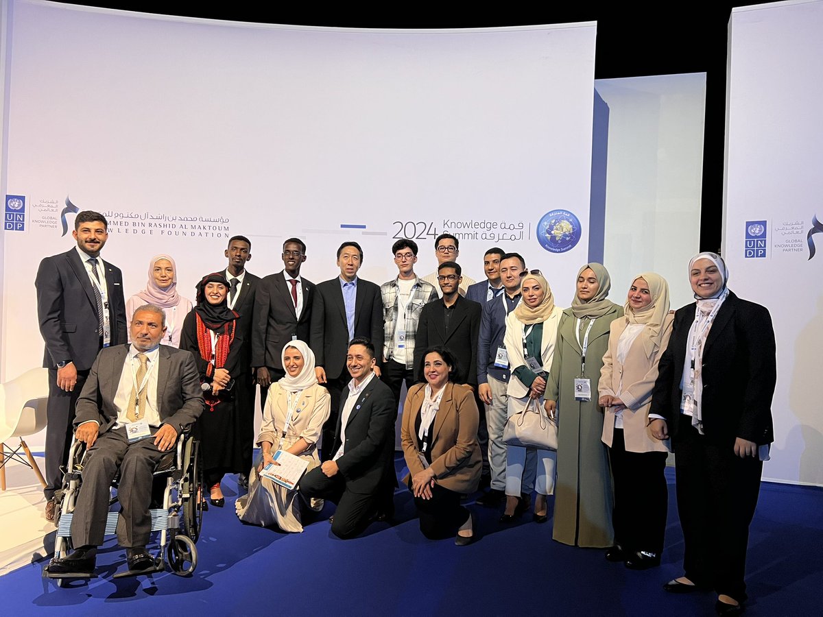 knowledge4All1's tweet image. #FutureSkill4All best learners pose for a photo with Dr. @AndrewYNg, Chairman and Co-Founder of @coursera during a session where they shared their inspiring stories at #KnowledgeSummit24.