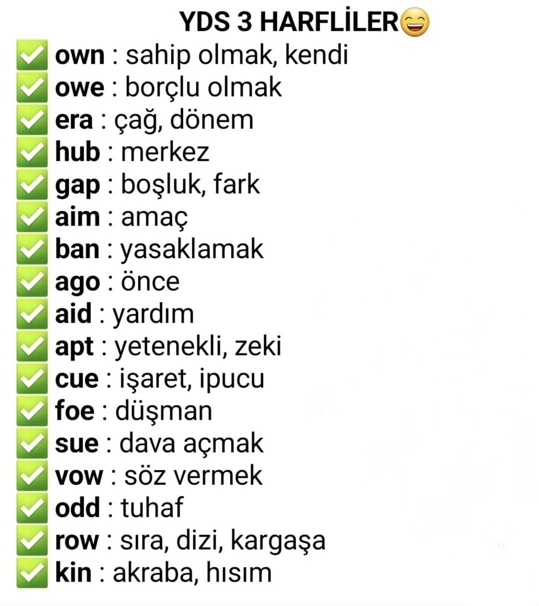 ✅YDS'de Çıkmış 3 Harfliler
📍Kaydetmeyi Unutmayın.