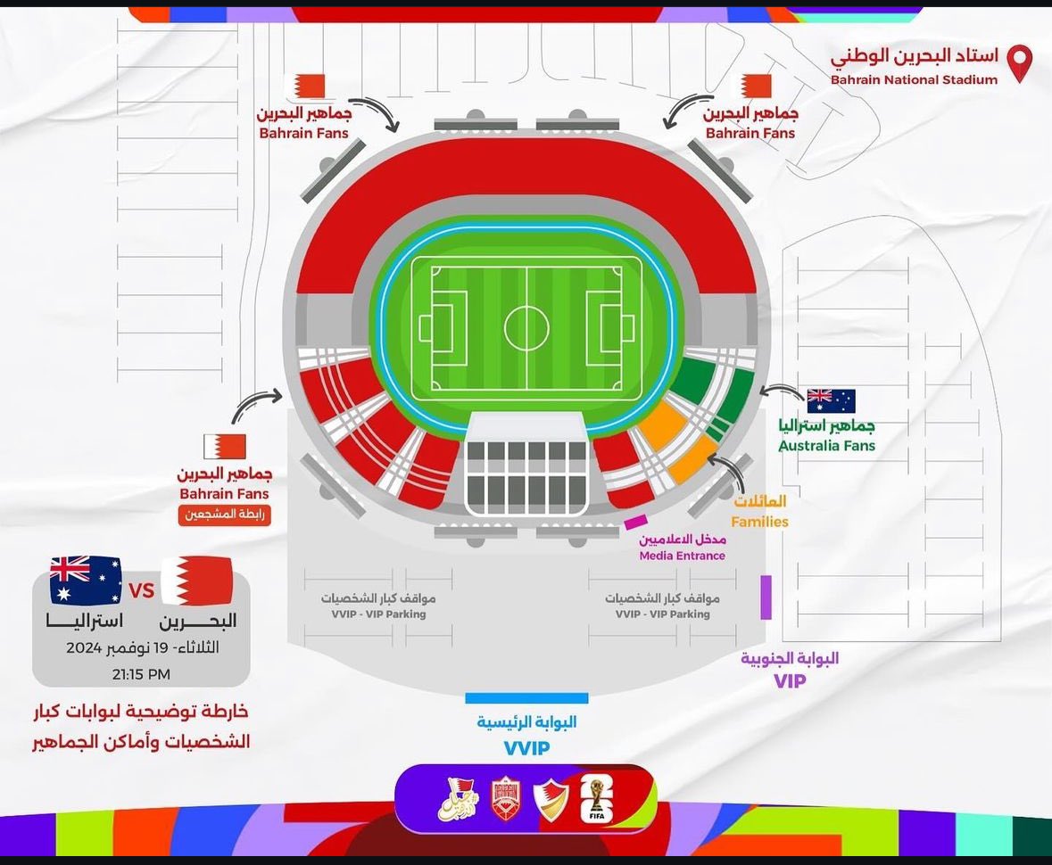 AustActive's tweet image. For those in Bahrain - to get tickets you need to go to the Bahrain FA Headquarters in Riffa and purchase in person.
There is an Aussie section which is 10BD.
It’s a very easy process and someone that speaks English will know what you are there for.
maps.app.goo.gl/EAzW8YPsTUKACq…