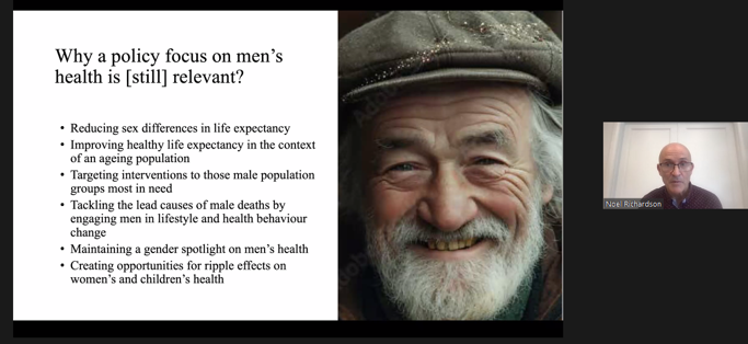 Dr Noel Richardson, talking about why Men's Health policy is important during the launch of second Action Plan for Men’s Health (2024 – 2028) webinar #HealthyIrelandMen