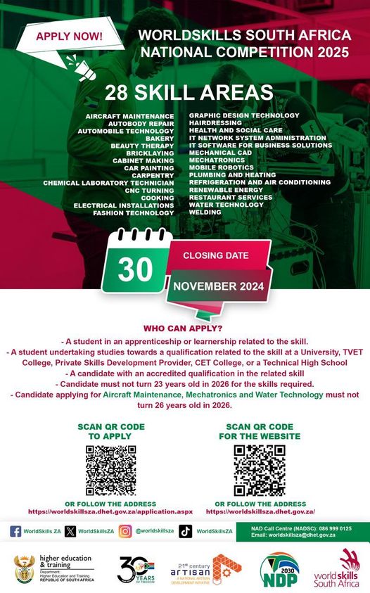 GCIS Gauteng Prov Office (@gcisgauteng) on Twitter photo Apply now for WorldSkills South Africa National Competition 2025
Closing date: 30 November 2024
Apply here: worldskillsza.dhet.gov.za/application.asโฆ
#WorldSkillsZA #SkillsCompetition #YouthEmpowerment #CareerAdvancement <a href="/GovernmentZA/">South African Government</a> <a href="/GautengProvince/">Gauteng Provincial Gov</a> <a href="/deptoflabour/">Department of Employment and Labour</a> <a href="/Wits_REALCentre/">Centre for Researching Education and Labour</a> <a href="/_cosatu/">@COSATU Today</a> Apply now for WorldSkills South Africa National Competition 2025
Closing date: 30 November 2024
Apply here: worldskillsza.dhet.gov.za/application.asโฆ
#WorldSkillsZA #SkillsCompetition #YouthEmpowerment #CareerAdvancement <a href="/GovernmentZA/">South African Government</a> <a href="/GautengProvince/">Gauteng Provincial Gov</a> <a href="/deptoflabour/">Department of Employment and Labour</a> <a href="/Wits_REALCentre/">Centre for Researching Education and Labour</a> <a href="/_cosatu/">@COSATU Today</a>