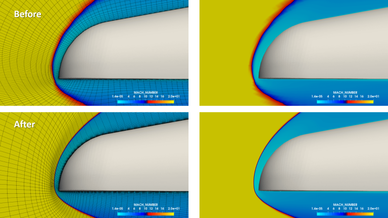 GridPromesh's tweet photo. The hypersonic simulation for a blunt body at Mach 20 highlights the benefits of block-adapted shock-fitted grids over baseline grids.
#CFD #Aerospace #hypersonic #flowfield #flow #shock #shockfitting #adaptation #grid #mesh #meshing https://t.co/yoKbedwDmU