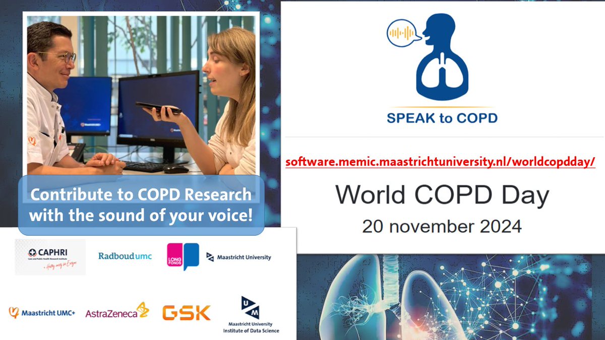UMIDS (@um_ids) on Twitter photo Contribute to COPD Research on World COPD Day with the sound of your voice!
software.memic.maastrichtuniversity.nl/worldcopdday/
Research indicates that voice changes can be early indicators of imminent COPD flare-ups:
htworld.co.uk/news/digital-h…
<a href="/UM_DACS/">UM Department of Advanced Computing Sciences</a> <a href="/CAPHRI_UM/">CAPHRI</a> <a href="/MaastrichtUMC/">Maastricht UMC+</a> <a href="/Longfonds/">Longfonds</a> #WorldCOPDDay Contribute to COPD Research on World COPD Day with the sound of your voice!
software.memic.maastrichtuniversity.nl/worldcopdday/
Research indicates that voice changes can be early indicators of imminent COPD flare-ups:
htworld.co.uk/news/digital-h…
<a href="/UM_DACS/">UM Department of Advanced Computing Sciences</a> <a href="/CAPHRI_UM/">CAPHRI</a> <a href="/MaastrichtUMC/">Maastricht UMC+</a> <a href="/Longfonds/">Longfonds</a> #WorldCOPDDay