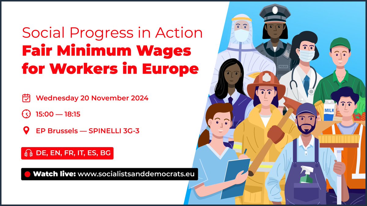 S&D Group (@theprogressives) on Twitter photo Let's talk about how we are turning fair minimum wages into a reality for Europeans!
On Wednesday, alongside <a href="/IratxeGarper/">Iratxe García Pérez /❤️</a> <a href="/gabischoff/">Gaby Bischoff 🇪🇺</a> and <a href="/NicolasSchmitEU/">Nicolas SCHMIT</a> we will discuss about this historic achievement.
Register here - socialistsanddemocrats.eu/registration/s… Let's talk about how we are turning fair minimum wages into a reality for Europeans!
On Wednesday, alongside <a href="/IratxeGarper/">Iratxe García Pérez /❤️</a> <a href="/gabischoff/">Gaby Bischoff 🇪🇺</a> and <a href="/NicolasSchmitEU/">Nicolas SCHMIT</a> we will discuss about this historic achievement.
Register here - socialistsanddemocrats.eu/registration/s…