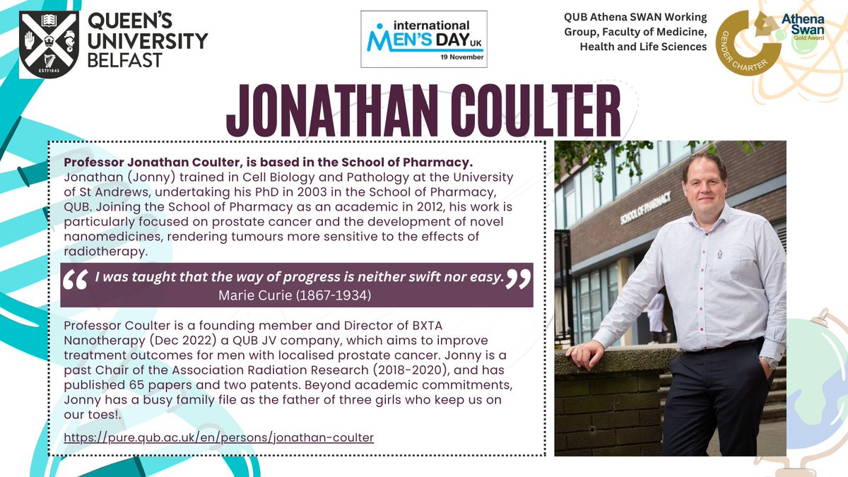 QUB MHLS Faculty (@mhlsqub) on Twitter photo Day 2 of our <a href="/QUBelfast/">Queen's University Belfast 🎓</a> <a href="/MHLSQUB/">QUB MHLS Faculty</a> #IMD2024@UKMensDay role models campaign features Professor Jonny Coulter. Based in <a href="/pharmacyatQUB/">QUB Pharmacy School</a>, Jonny’s work is focused on the treatment of prostate cancer and the development of novel nanomedicines. Day 2 of our <a href="/QUBelfast/">Queen's University Belfast 🎓</a> <a href="/MHLSQUB/">QUB MHLS Faculty</a> #IMD2024@UKMensDay role models campaign features Professor Jonny Coulter. Based in <a href="/pharmacyatQUB/">QUB Pharmacy School</a>, Jonny’s work is focused on the treatment of prostate cancer and the development of novel nanomedicines.