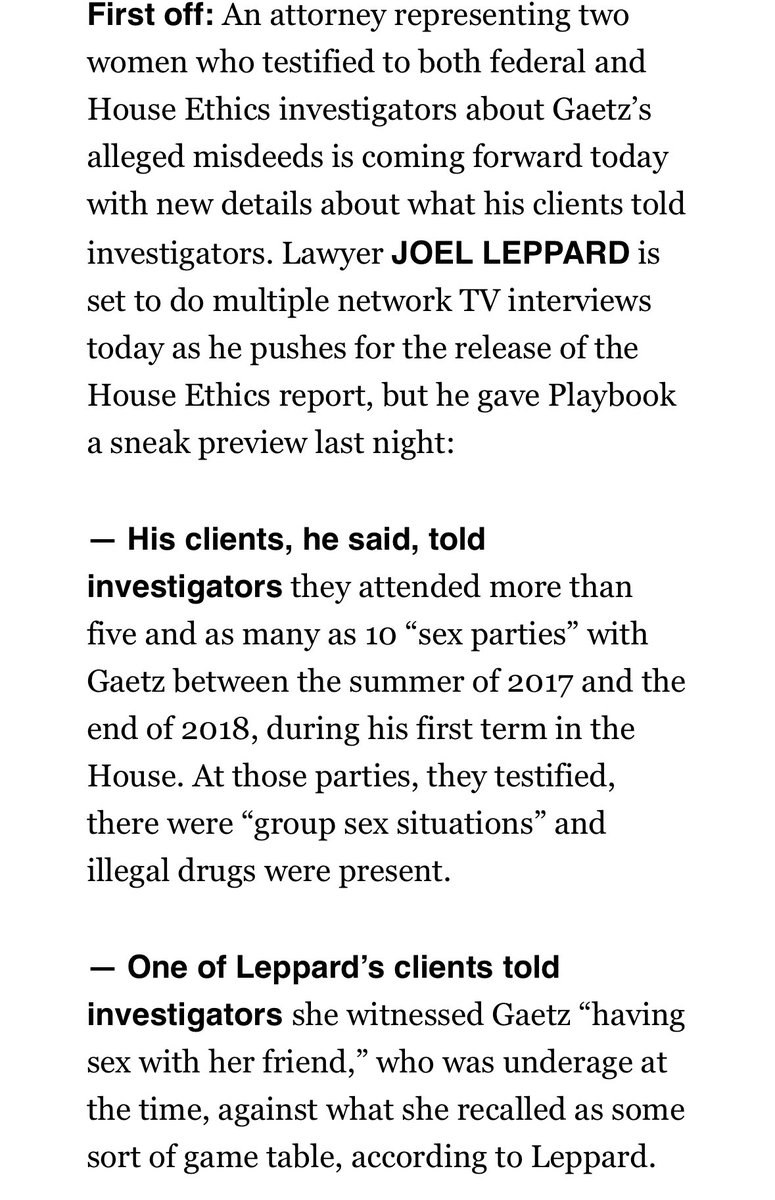 rachaelmbade's tweet photo. NEW: Attorney ⁦@JoelLeppard⁩ is going on TV today to speak to what his clients told investigators abt GAETZ:

-> deets on the 5-10 drug-fueled “sex parities” they attended w/Gaetz 

->1 women witnessing Gaetz having sex w/her friend, a minor, against a game table. https://t.co/3XThcWLmuA