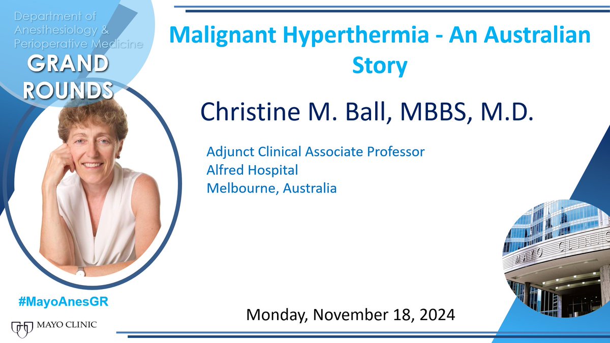 Mayo Clinic Department of Anesthesiology (@mayoanesthesia) on Twitter photo Grand rounds with Dr. Christine M. Ball is about to begin.
She will present "Malignant Hyperthermia - An Australian Story"
#MayoAnesGR <a href="/mollymhherr/">Molly Herr</a> @juangripoll1 Grand rounds with Dr. Christine M. Ball is about to begin.
She will present "Malignant Hyperthermia - An Australian Story"
#MayoAnesGR <a href="/mollymhherr/">Molly Herr</a> @juangripoll1