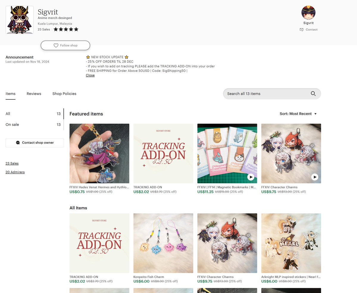 🏪 ETSY SHOP OPEN 🛍

Hello I just open my Esty store!! Please check it out ♥

🔗 sigvrit.etsy.com

Currently you can get most of my fan merch from there.
To celebrate I'm hosting a 25% off Sale + Free shipping for order above 50US ( SigShipping50 )