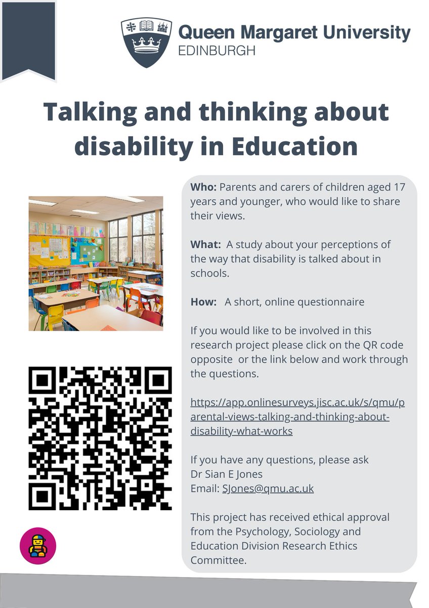 QMUToyresearch's tweet image. We ( @ClareUytman and @Dr_Sian_Jones) are currently running a study of parents' views on teaching about disability and ableism in schools.
app.onlinesurveys.jisc.ac.uk/s/qmu/parental…
Please fill it in if you're eligible and share this call for participants with your contacts.