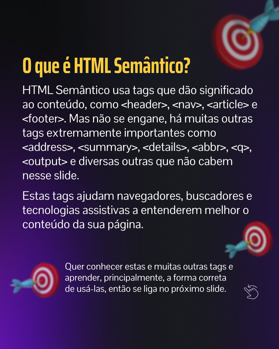 serlivcursos's tweet image. Seu código HTML pode estar sabotando o sucesso do seu site!

Você sabe o que é HTML semântico e por que ele é tão importante? 

#HTML5 #DesenvolvimentoWeb #WebDesign #FrontEnd #HTMLSemântico #AcessibilidadeWeb #SEO  #DevTips #CódigoLimpo #DesenvolvedorFrontEnd #HTML #HTMLeCSS