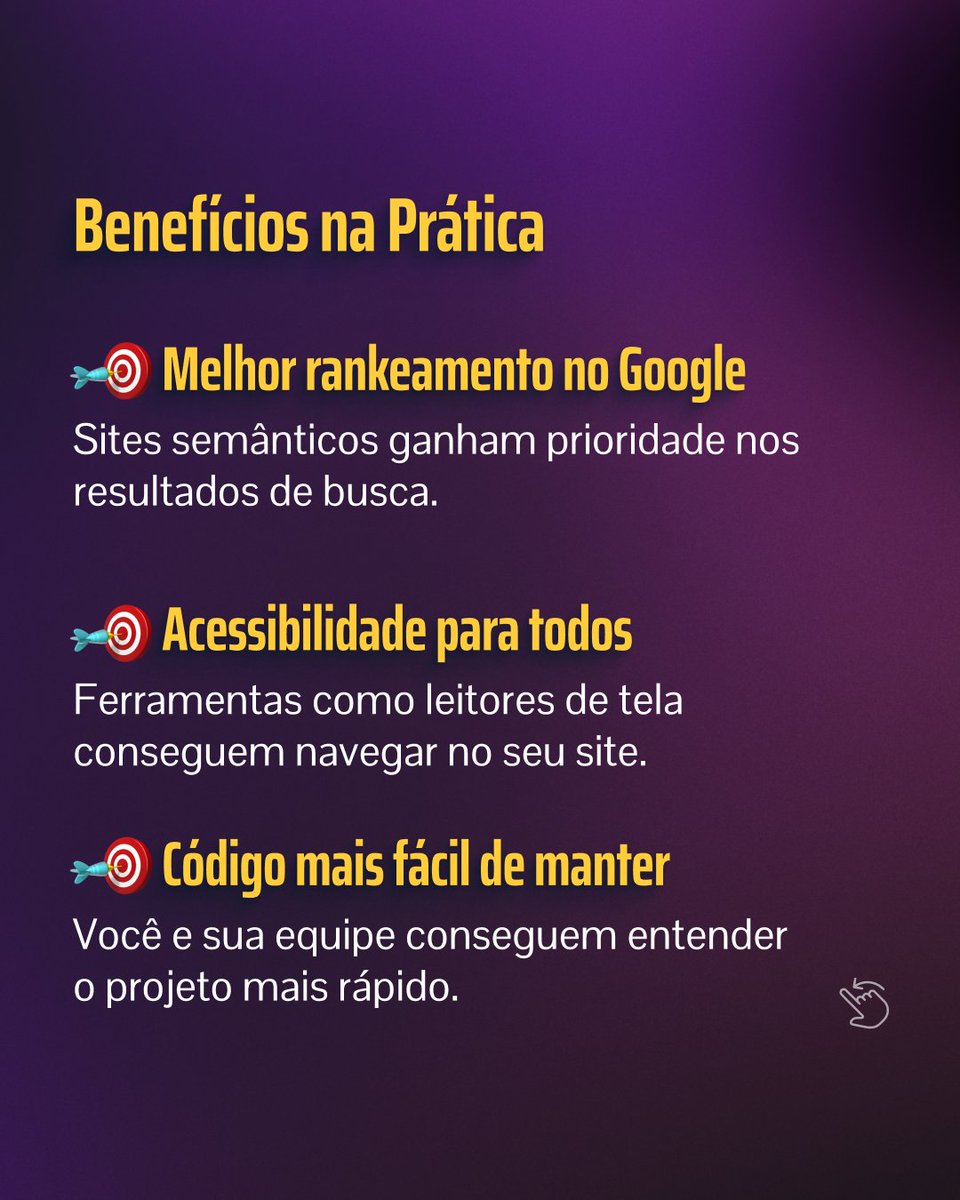 serlivcursos's tweet image. Seu código HTML pode estar sabotando o sucesso do seu site!

Você sabe o que é HTML semântico e por que ele é tão importante? 

#HTML5 #DesenvolvimentoWeb #WebDesign #FrontEnd #HTMLSemântico #AcessibilidadeWeb #SEO  #DevTips #CódigoLimpo #DesenvolvedorFrontEnd #HTML #HTMLeCSS