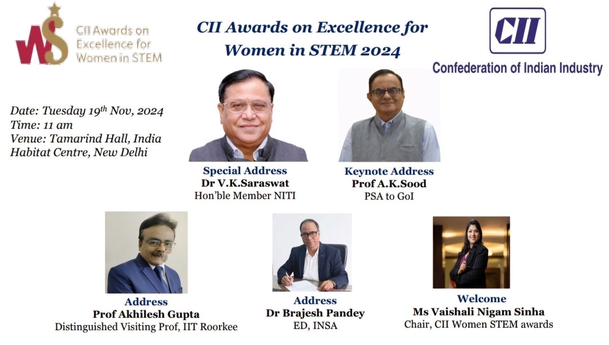 Dr Akhilesh Gupta (@guptaakhilesh63) on Twitter photo It will b a great privilege to share dais with <a href="/DrVKSaraswat49/">Dr V K Saraswat</a> Hon'ble Member S&T <a href="/NITIAayog/">NITI Aayog</a> , <a href="/AjaySoodIISc/">Ajay Sood</a> <a href="/PrinSciAdvGoI/">Principal Scientific Adviser, Govt. of India</a> n Dr Brakesh Pandey ED <a href="/insa_academy/">Indian National Science Academy (INSA)</a>, <a href="/vnigamsinha/">Vaishali Nigam Sinha</a> n speak on the subject of Women in STEM n give away <a href="/FollowCII/">Confederation of Indian Industry</a> Awards on Excellence for Women in #STEM It will b a great privilege to share dais with <a href="/DrVKSaraswat49/">Dr V K Saraswat</a> Hon'ble Member S&T <a href="/NITIAayog/">NITI Aayog</a> , <a href="/AjaySoodIISc/">Ajay Sood</a> <a href="/PrinSciAdvGoI/">Principal Scientific Adviser, Govt. of India</a> n Dr Brakesh Pandey ED <a href="/insa_academy/">Indian National Science Academy (INSA)</a>, <a href="/vnigamsinha/">Vaishali Nigam Sinha</a> n speak on the subject of Women in STEM n give away <a href="/FollowCII/">Confederation of Indian Industry</a> Awards on Excellence for Women in #STEM