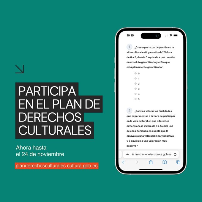 Ministerio de Cultura (@culturagob) on Twitter photo Si todavía no has participado en la elaboración del Plan de Derechos Culturales de la <a href="/ddccgob/">Dirección General de Derechos Culturales</a>, ¡todavía estás a tiempo!
¡Queremos saber tu opinión! 🗣️
🗓 Tienes hasta el 24 de noviembre
📌 Participa aquí 🔗 planderechosculturales.cultura.gob.es Si todavía no has participado en la elaboración del Plan de Derechos Culturales de la <a href="/ddccgob/">Dirección General de Derechos Culturales</a>, ¡todavía estás a tiempo!
¡Queremos saber tu opinión! 🗣️
🗓 Tienes hasta el 24 de noviembre
📌 Participa aquí 🔗 planderechosculturales.cultura.gob.es