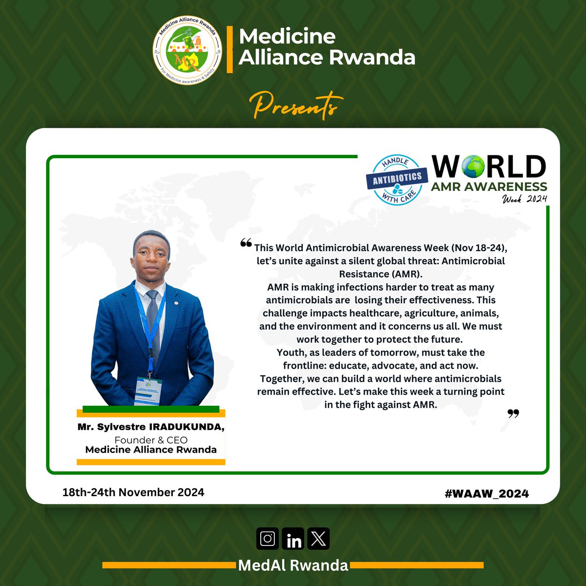 🌍World AMR Awareness Week 2024🌍

In this #WAAW_2024, let us stand together to break barriers in fighting against #AMR, to ensure a healthier future. To eradicate this silent global threat, we have to #Educate #Advocate and #Act Now.

#WAAW2024 
#FightAMR 
#YouthForChange