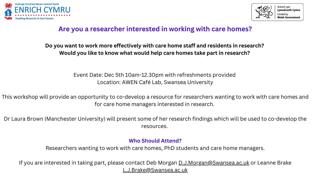 ENRICH Cymru (@enrichcymru) on Twitter photo Are you a researcher interested in working with care homes?
Our workshop will provide an opportunity to co-develop resources for researchers wanting to work with care homes & for care home managers interested in research. Contact Leanne to reserve a space L.J.Brake@Swansea.ac.uk Are you a researcher interested in working with care homes?
Our workshop will provide an opportunity to co-develop resources for researchers wanting to work with care homes & for care home managers interested in research. Contact Leanne to reserve a space L.J.Brake@Swansea.ac.uk