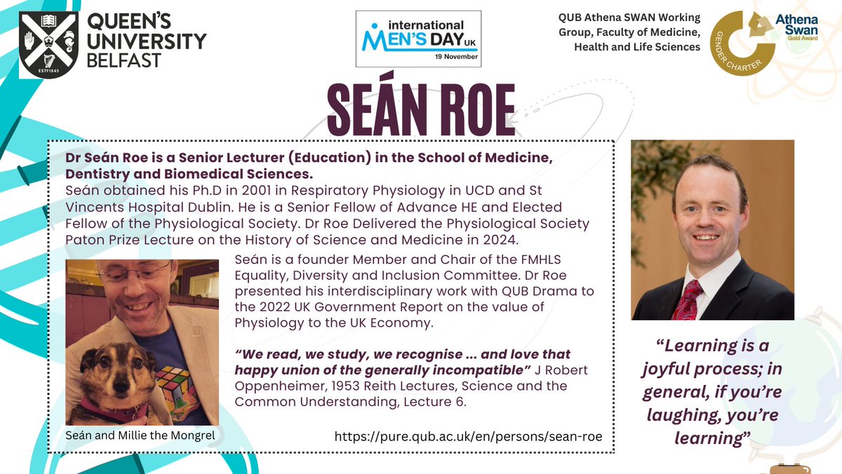 QUB MHLS Faculty (@mhlsqub) on Twitter photo Dr Sean Roe is our @MHLSQUBEDI committee chair and senior lecturer in <a href="/QUB_SMDBS/">QUB MDBS</a> <a href="/QUBelfast/">Queen's University Belfast 🎓</a>. Leading by example he is an #IMD2024 <a href="/UKMensDay/">International Men's Day UK</a> role model and advocate for gender equity and inclusivity. Dr Sean Roe is our @MHLSQUBEDI committee chair and senior lecturer in <a href="/QUB_SMDBS/">QUB MDBS</a> <a href="/QUBelfast/">Queen's University Belfast 🎓</a>. Leading by example he is an #IMD2024 <a href="/UKMensDay/">International Men's Day UK</a> role model and advocate for gender equity and inclusivity.