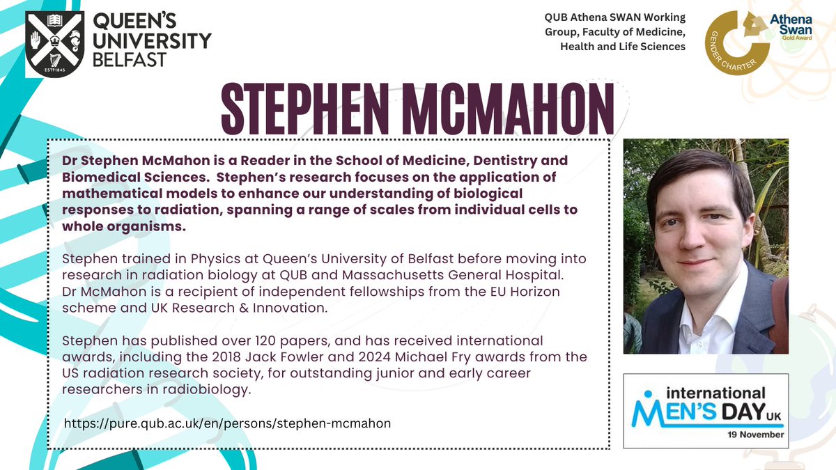QUB MHLS Faculty (@mhlsqub) on Twitter photo On our final day of International Men’s Day #IMD2024 <a href="/UKMensDay/">International Men's Day UK</a> campaign we introduce Dr Stephen McMahon <a href="/QubPGJCCR/">The Patrick G Johnston Centre for Cancer Research</a> <a href="/QUB_SMDBS/">QUB MDBS</a> <a href="/QUBelfast/">Queen's University Belfast 🎓</a> <a href="/MHLSQUB/">QUB MHLS Faculty</a>. Stephen is a researcher in radiation biology and chairs the <a href="/QUB_SMDBS/">QUB MDBS</a> staff council. On our final day of International Men’s Day #IMD2024 <a href="/UKMensDay/">International Men's Day UK</a> campaign we introduce Dr Stephen McMahon <a href="/QubPGJCCR/">The Patrick G Johnston Centre for Cancer Research</a> <a href="/QUB_SMDBS/">QUB MDBS</a> <a href="/QUBelfast/">Queen's University Belfast 🎓</a> <a href="/MHLSQUB/">QUB MHLS Faculty</a>. Stephen is a researcher in radiation biology and chairs the <a href="/QUB_SMDBS/">QUB MDBS</a> staff council.