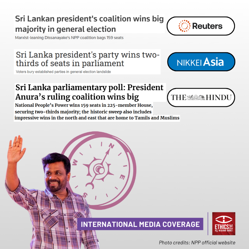 EthicsEye's tweet photo. 🧭 Here's how selected international media outlets reported on #NPP securing two-thirds majority in the 2024 general election of Sri Lanka 🌍

#Media #lka #GE2024 #AKD