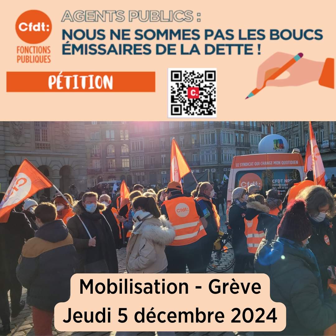FepCFDT's tweet photo. [PÉTITION + MOBILISATION + GRÈVE] 
L'intersyndicale a décidé d'une mobilisation et d'une grève le 5 décembre 2024. En attendant, SIGNEZ et FAITES SIGNER la pétition ! 
https://t.co/4gfdT7p2S8
@CFDT @CFDTfp @CFDTefrp https://t.co/obWHWH0lkC