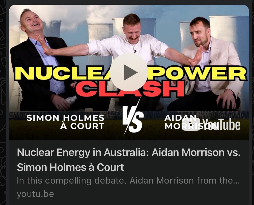 I had the pleasure of hosting two of the brightest minds in Australian energy policy on behalf of <a href="/CISOZ/">Centre for Independent Studies</a> last month. 

Off of the confines of twitter <a href="/simonahac/">💧simon holmes à court 🦋</a> and <a href="/QuixoticQuant/">Aidan Morrison</a> had a constructive meeting of the minds. 

Enjoy. Link in replies.