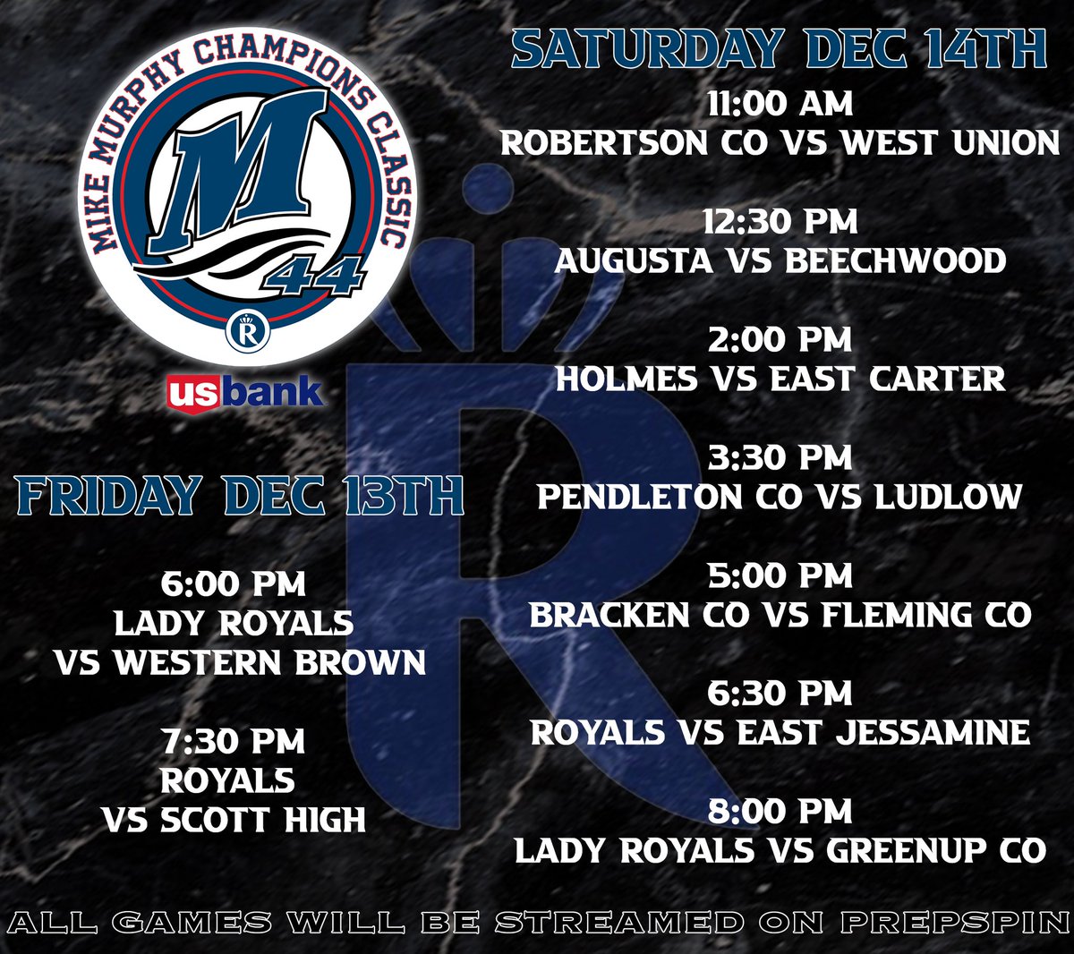 🏀MIKE MURPHY CLASSIC🏀

Mark your calendars

📅 - December 13 and 14
📺 - <a href="/PrepSpin/">PrepSpin</a> 

Be a great weekend for basketball!