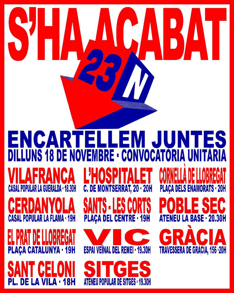 📢 AVUI + de 20 pobles i barris sortiran a encartellar massivament per la manifestació d'aquest dissabte!

#23N #ShaAcabat