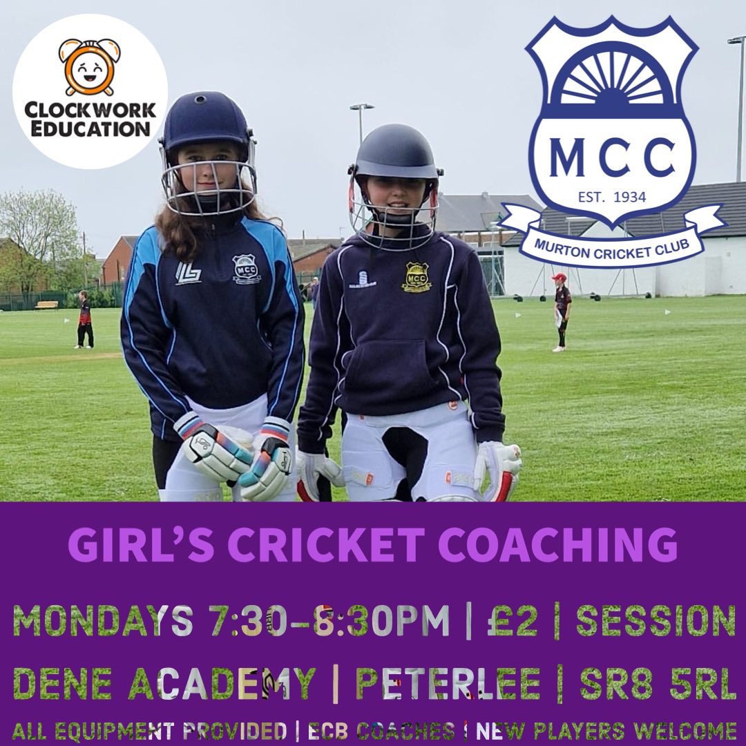 🏏 Girl’s Only Cricket Coaching 🏏

🟣 7-13
🟣 beginners and experienced players
🟣 Soft and hard ball activities 
🟣 Equipment provided
🟣 Pathway to friendly, league and cup games in a team 
🟣 First two sessions FREE for new players 

#wearemurtoncc
